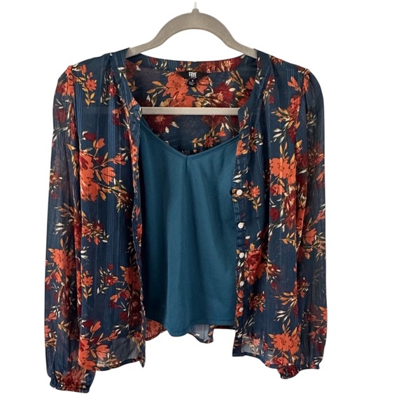 Frye Women's Floral Button-Up Top - Blue and Orange Small - Picture 3 of 6